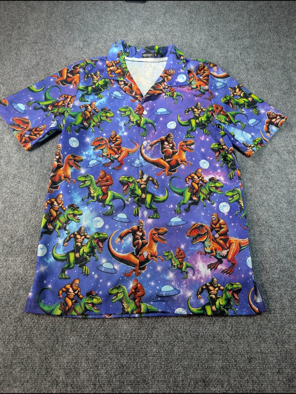 Men's Small Purple Dinosaur & Space Polo Shirt with Colorful Dino Print